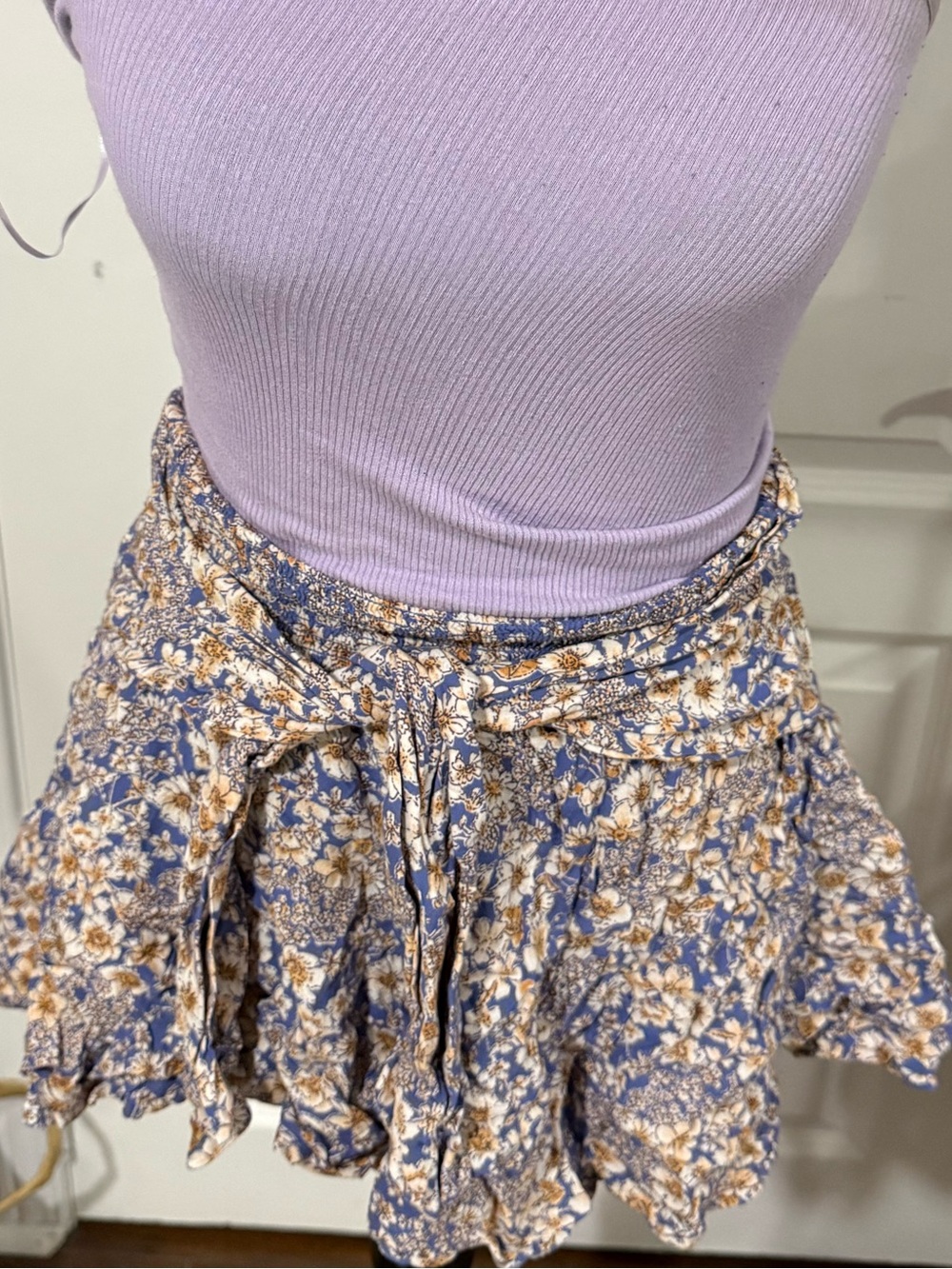 Floral Ruffle Mini Skirt in Blue and Cream
